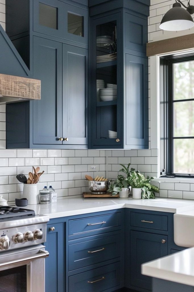 Deep blue cabinets are framed by the clean, classic lines of a <a href=