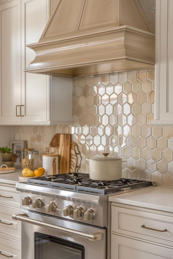 Hexagonal tiles in creamy honey tones create the feel of a busy beehive and add an intricate pattern that is both playful and rustic, perfect for a farmhouse back wall.