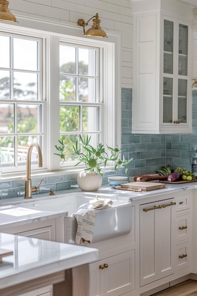 Soft blue tiles mimic the calm waves of the ocean, adding a calm, coastal touch to the traditional country kitchen aesthetic.