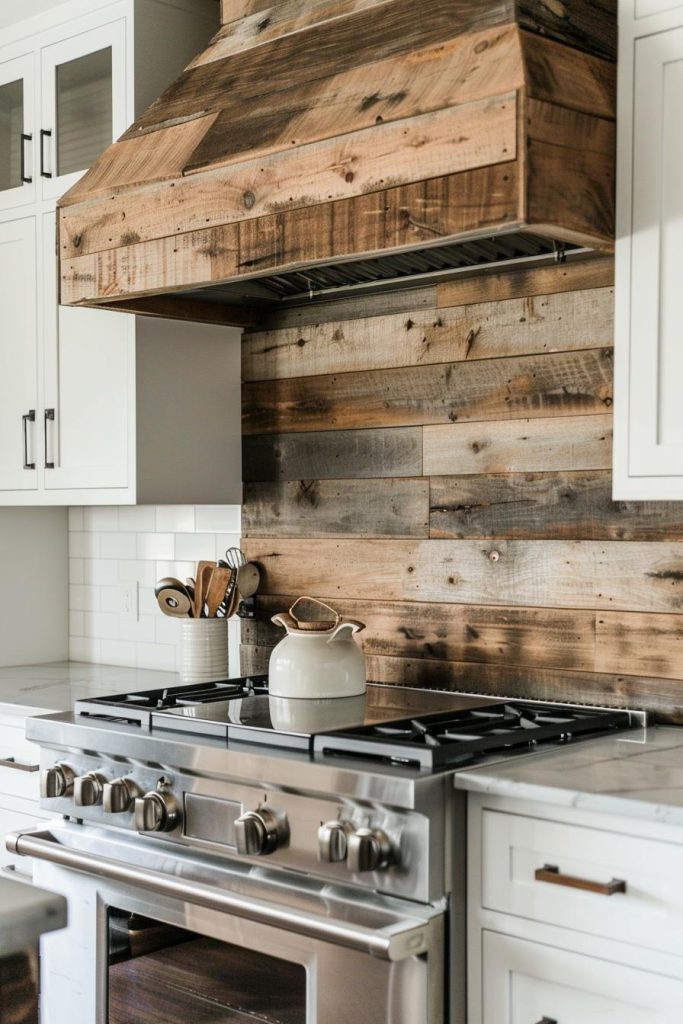 Upcycled wood transformed into a backsplash adds history and warmth, a beautiful testament to farmhouse sustainability and decor.