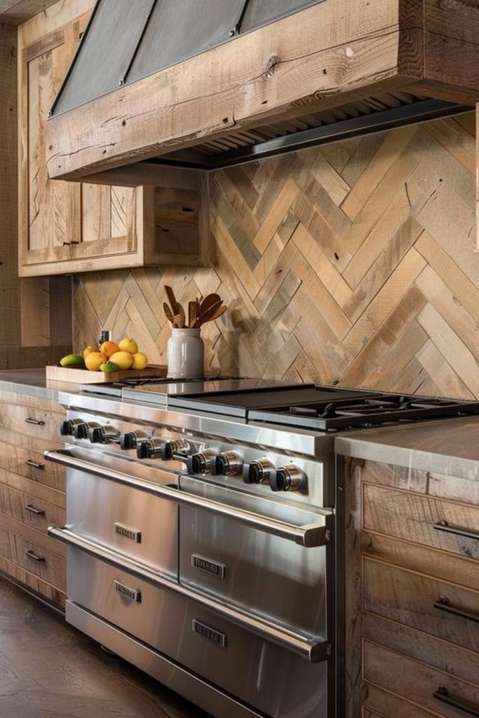 Chevron pattern tiles in earth tones combine to create a harmonious and attractive backsplash, gracefully capturing the essence of relaxed, rustic farmhouse living.