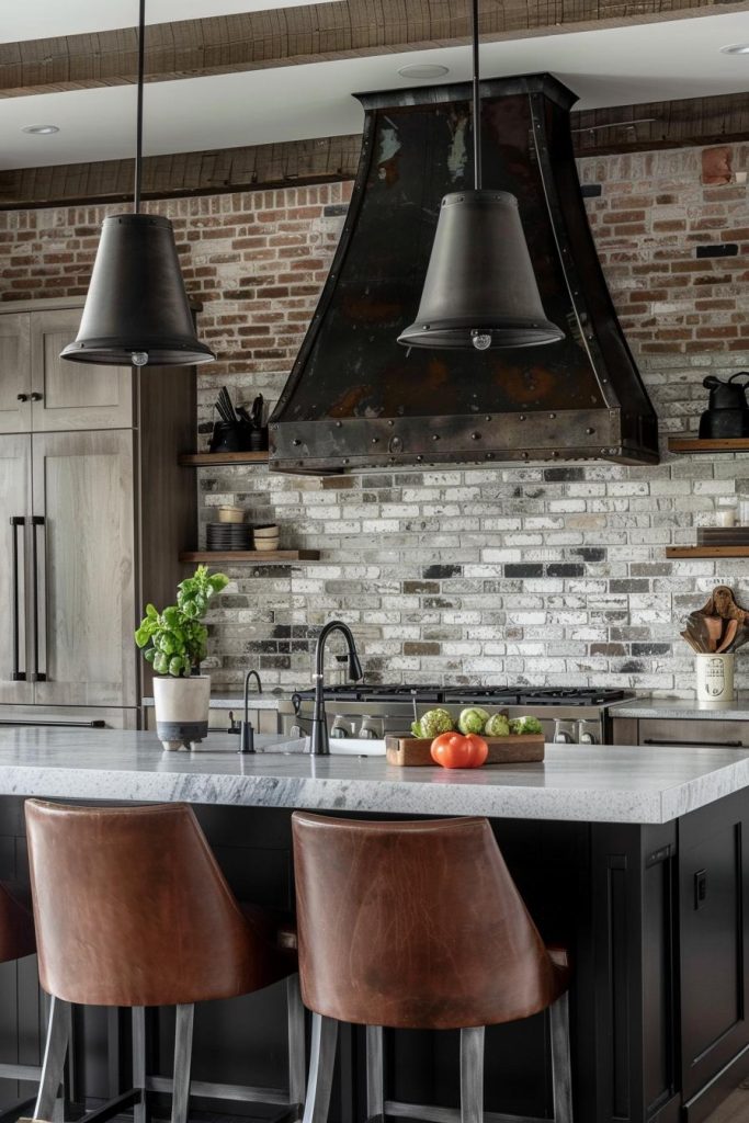 A backsplash that combines weathered metals with rough vintage brick creates a mix of industrial farmhouse, culminating in an edgy yet homey kitchen environment.