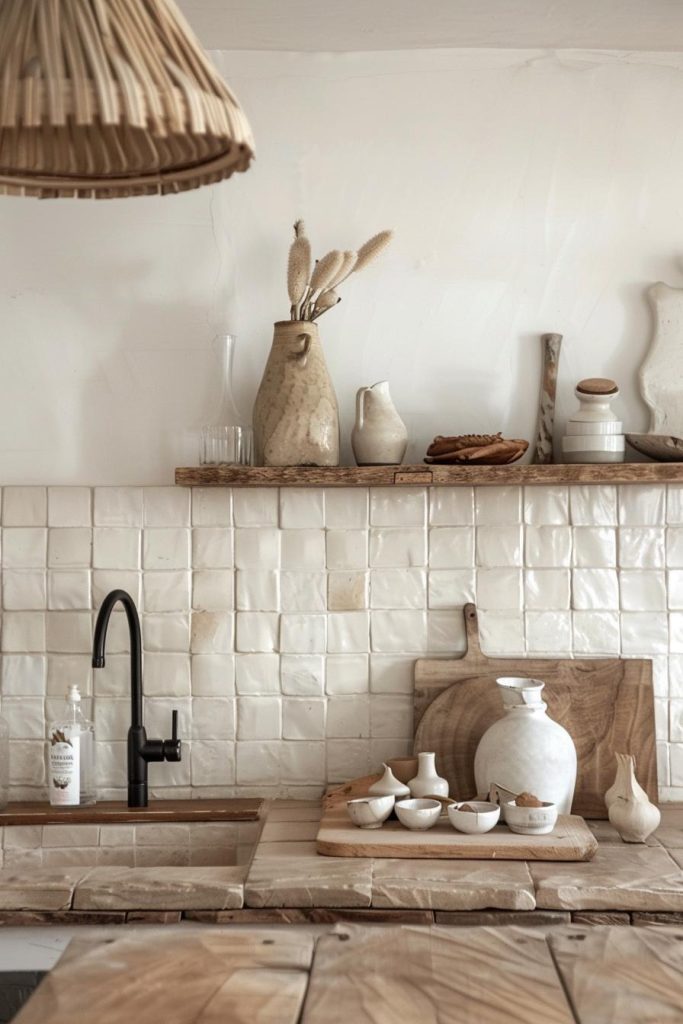 Textured white tiles create a peaceful and pure canvas that reflects the brightness of the day and celebrates the simplicity of farmhouse design.