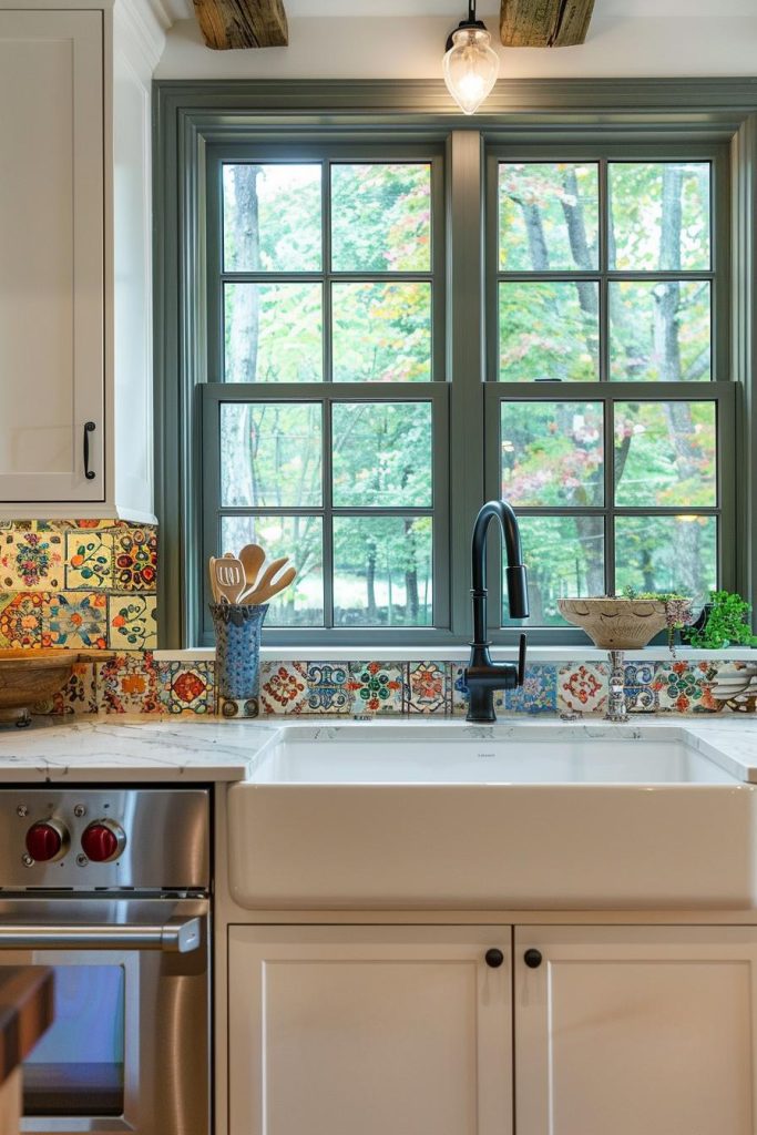 Multicolored encaustic tiles weave a vibrant tapestry on the countertop, adding a touch of personality and artisanal flair to a farmhouse kitchen.