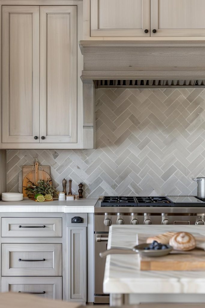 A herringbone splashback in neutral colors is a feast for the eyes and a sanctuary for the soul, giving the kitchen a nod to farm tradition.