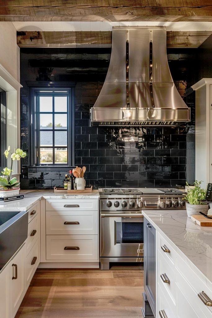 Glossy black tiles interspersed with farmhouse motifs make a bold and beautiful statement, contrasting with lighter kitchen elements.