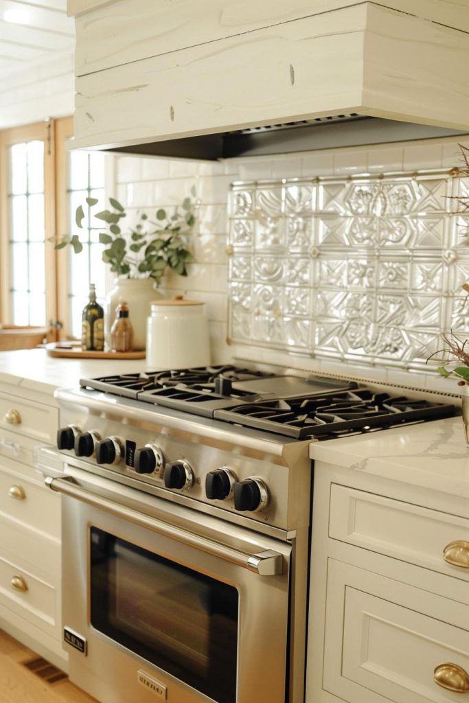 Repurposed tin tiles painted soft white add a touch of nostalgia to your space, transporting one to simpler times within the farmhouse kitchen walls.