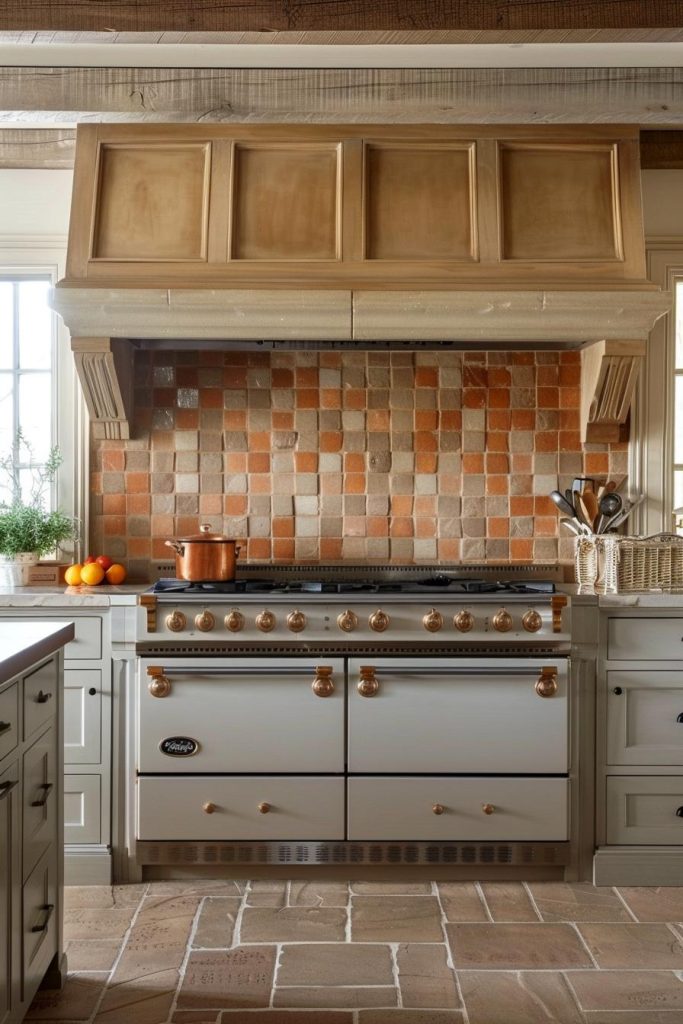 Terracotta tiles with a hand-painted surface provide earth tones and an old world feel, bridging the gap between traditional craftsmanship and farmhouse aesthetics.