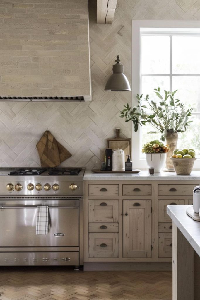 Tiles arranged in a basketweave pattern create a playful texture and inviting atmosphere, celebrating the artisanal essence of farmhouse style.