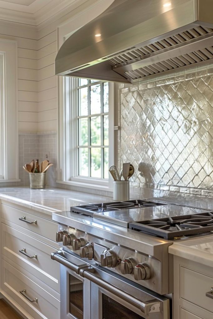 A splashback with a mother-of-pearl shimmer adds a touch of unexpected sophistication and reflects the understated elegance inherent in farmhouse kitchen design.