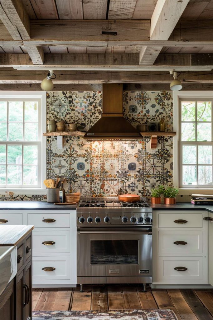 Vintage tiles collected over time tell a story on the kitchen wall, giving the space a curated farmhouse look full of history.