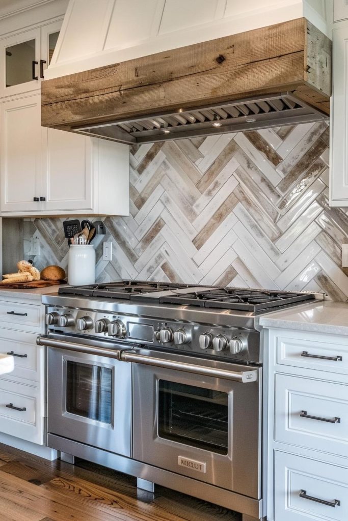 A backsplash that replicates the wavy pattern of wood grain in tile form adds warmth and movement, reflecting the natural flow of farmhouse style.