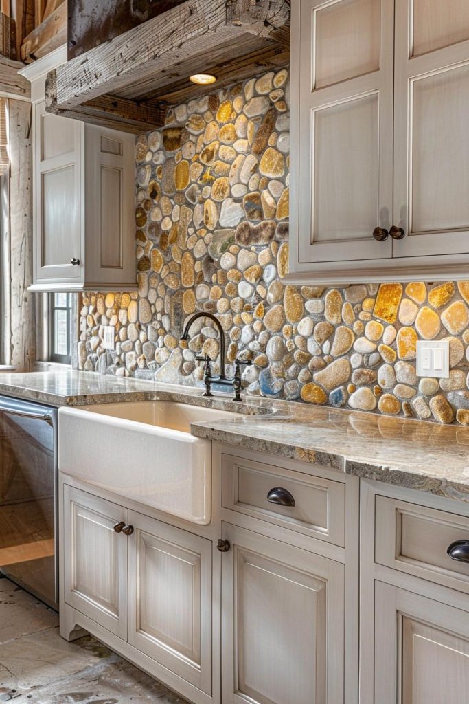 Mosaics made of various pebbles and stones form the heart of a kitchen and show the harmonious mix of nature and rural craftsmanship.