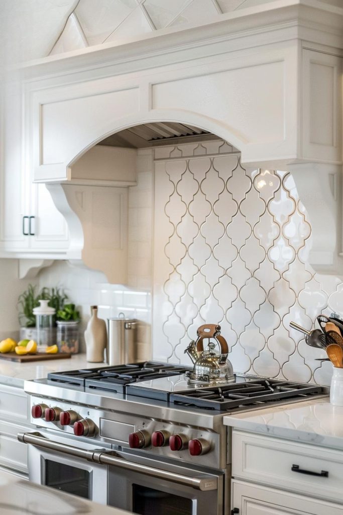 Lantern-shaped tiles in crisp white illuminate the kitchen with their unique shape and reflective quality, giving it a soft, country-style glow.