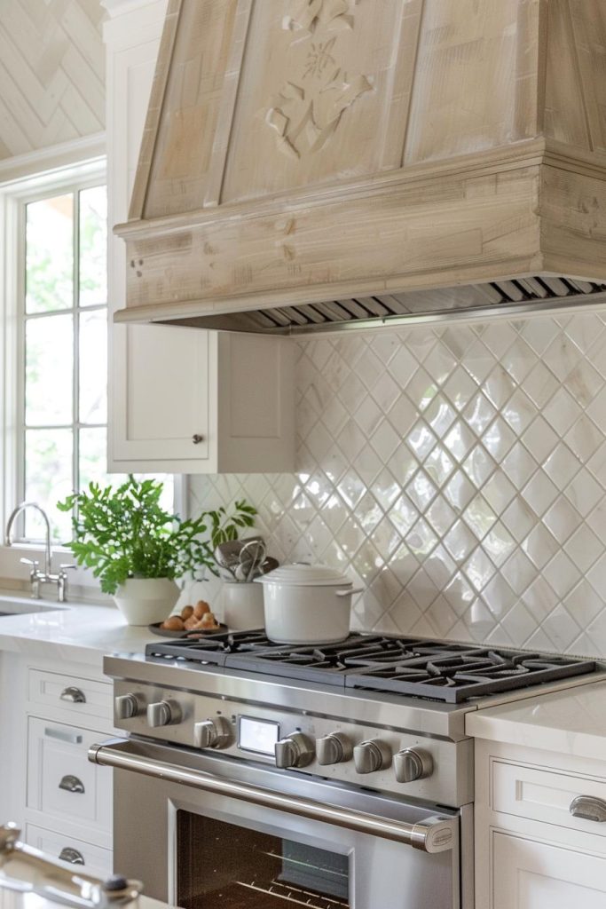 A grid-patterned kitchen backsplash adds dimensional depth and airy charm, creating a feeling of openness that is welcome in any farmhouse kitchen.