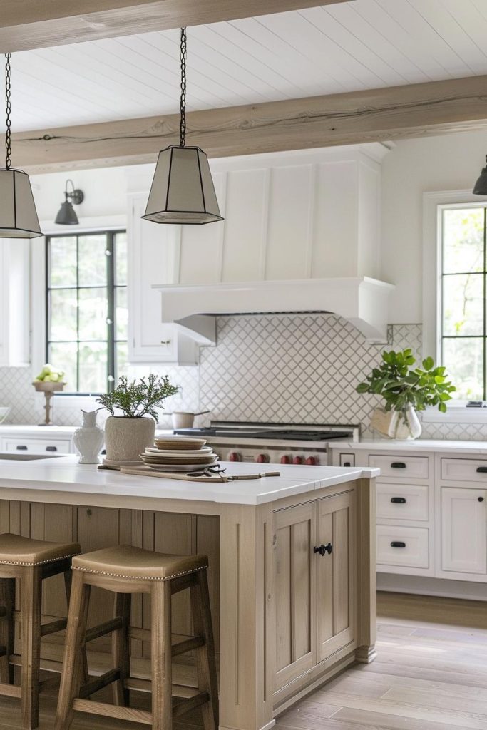 Diamond-pattern tiles add a sophisticated touch, while the monochromatic color palette keeps things down-to-earth and in keeping with the spirit of a farmhouse kitchen.