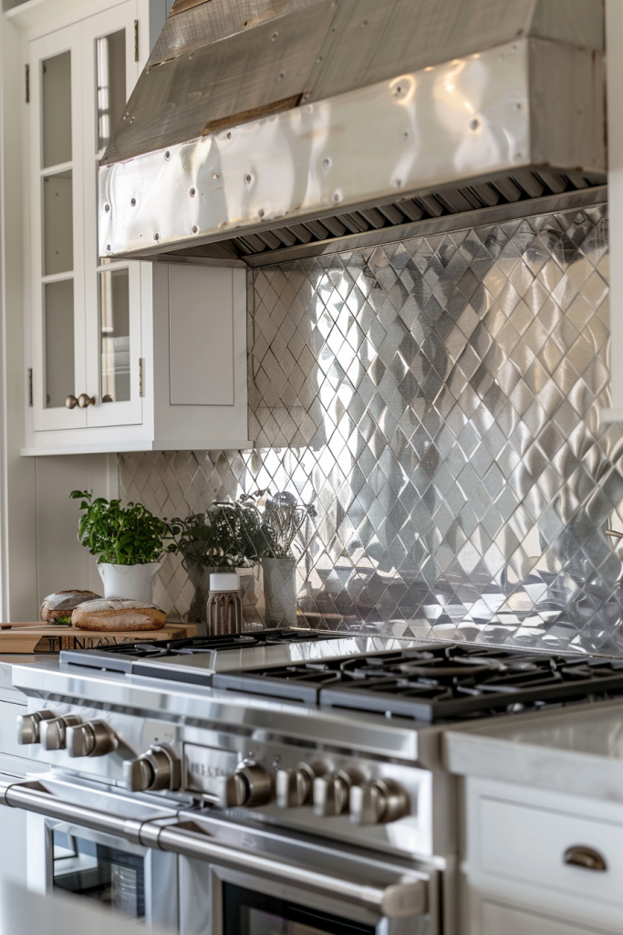 Metallic finishes on backsplash tiles intertwine to create a reflective medley that exudes luxury while staying true to farmhouse design principles.