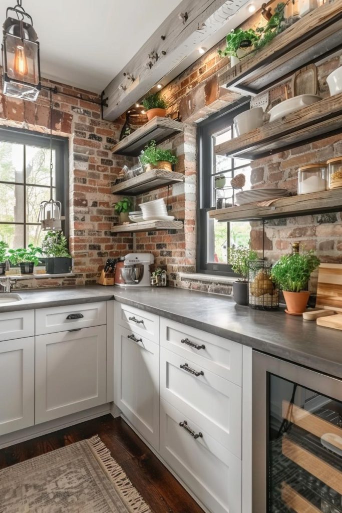 Exposed brick tiles create a solid, rustic canvas and embody the raw and authentic proportions of a true farmhouse aesthetic.