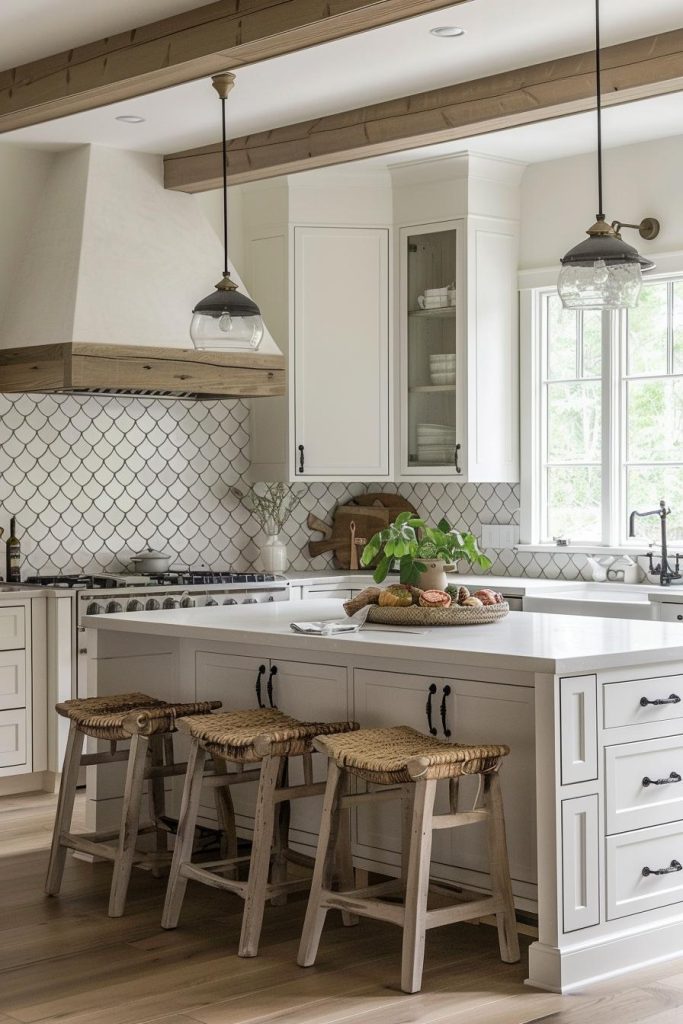 Wavy tiles gracefully trace the wall behind the stove, adding a delicate and delicate touch to the robust temperament of a farmhouse kitchen.