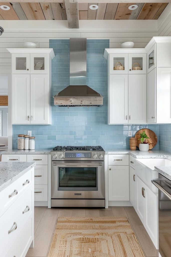 A back wall in various, calm shades of blue combines the calm atmosphere of the country sky with the grounded sensibility of life on the farm.