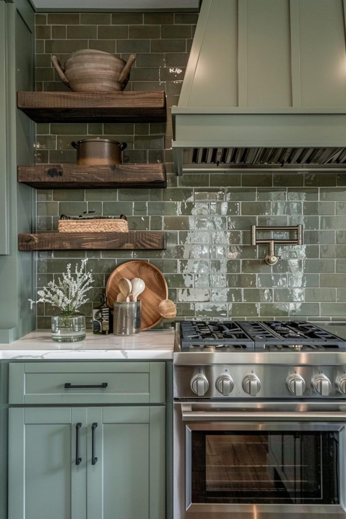 A splash of olive green on the tile backsplash brings the outdoors in, harmonizing with the earth-inspired tones inherent in the <a href=