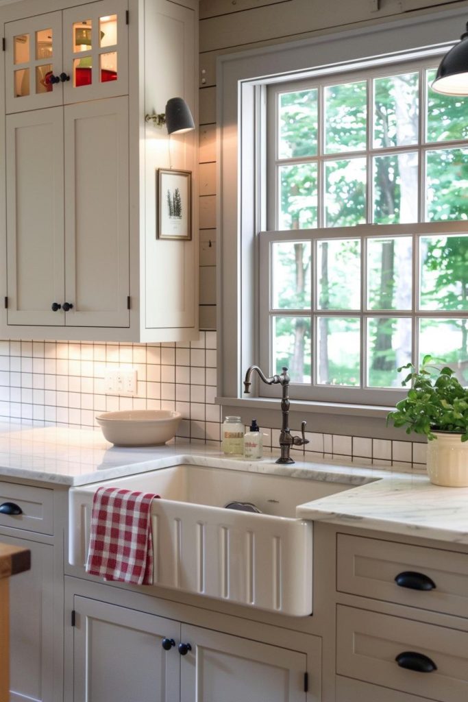 Tiles with a gingham-inspired design evoke memories of picnics and homemade preserves, enveloping the kitchen in the endearing comfort of country style.