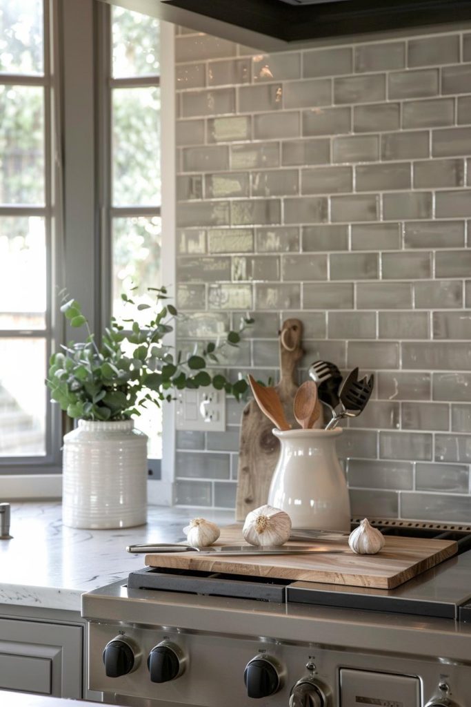 Smoky gray subway tiles create a dignified presence, their sombre tones creating a backdrop that is both grounding and uplifting in the farmhouse kitchen.