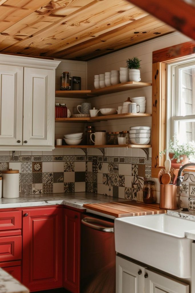 Freckled tiles in country cream and barn red blend seamlessly into the rustic interior, adding a charming touch to the whimsical side of farm life.