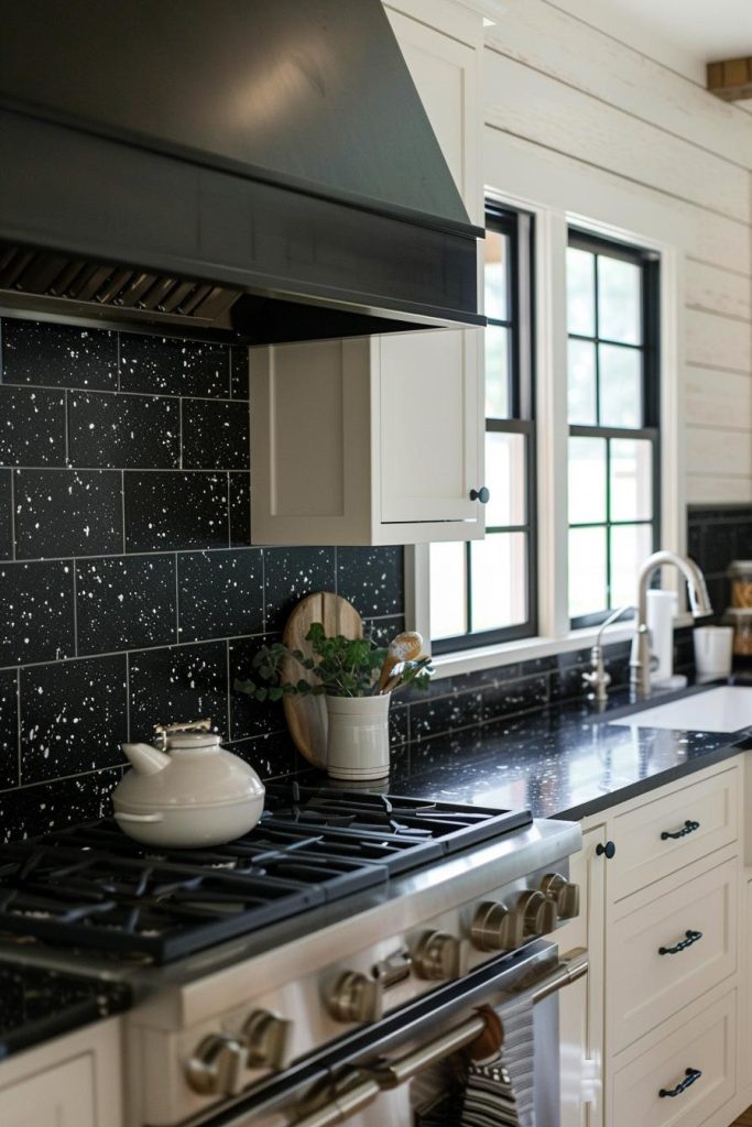 Black tiles with white flecks resemble a <a href=