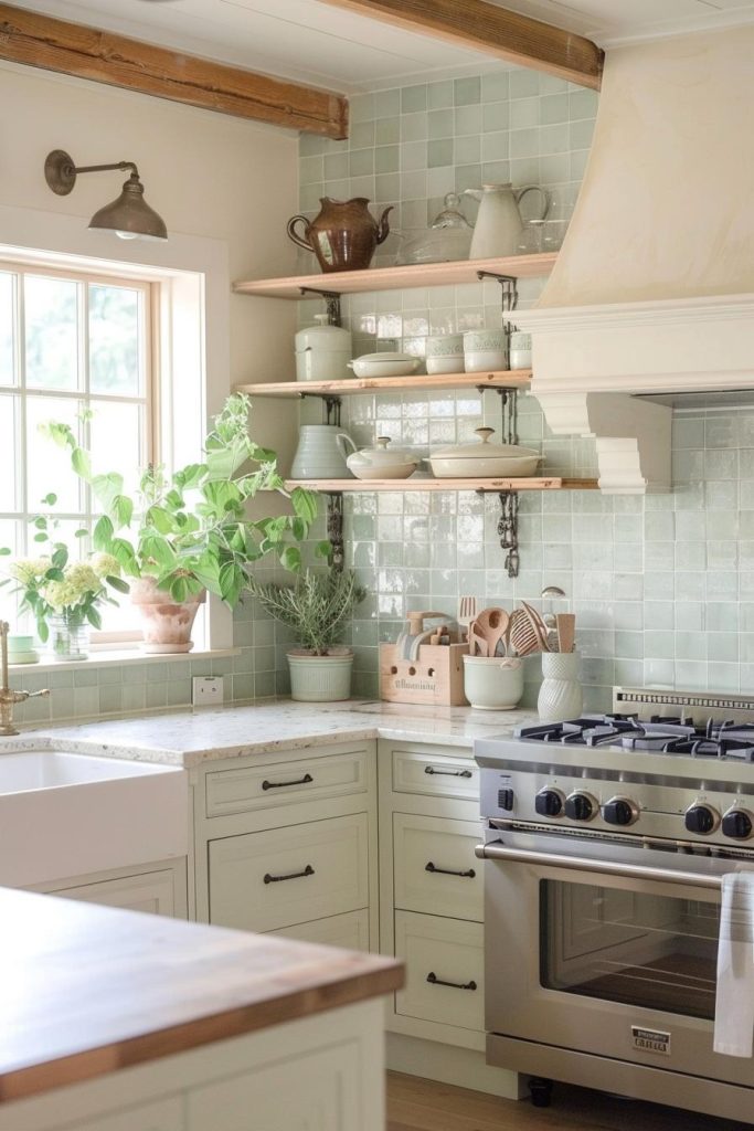 Pastel tiles peek out from behind open shelves, revealing a soft and sweet contrast reminiscent of vintage farmhouse kitchens.