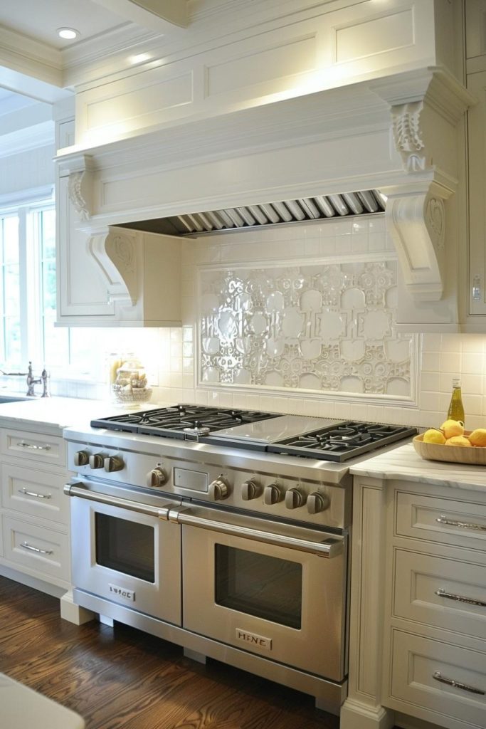 Embossed tiles with delicate patterns repeat on the back wall like a touch of tradition and quietly add elegance to the farmhouse kitchen.