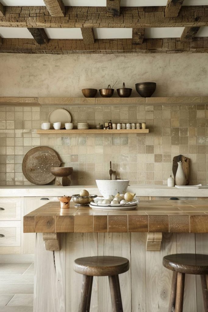 Soft transitional tiles in hues ranging from sandy brown to soft cream create a calming horizon line, ideal for the calm and earthy atmosphere of a farmhouse kitchen.