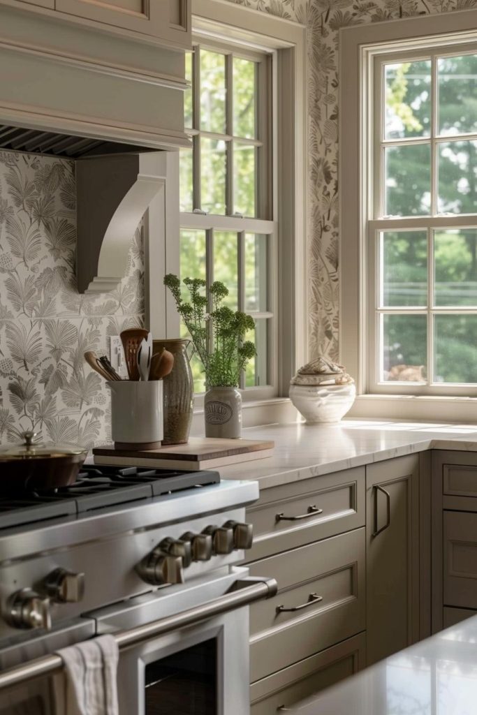 Soft feather patterns on the backsplash tiles convey an image of fluffy comfort and conjure up images of a cozy, nurturing retreat in the farmhouse kitchen.