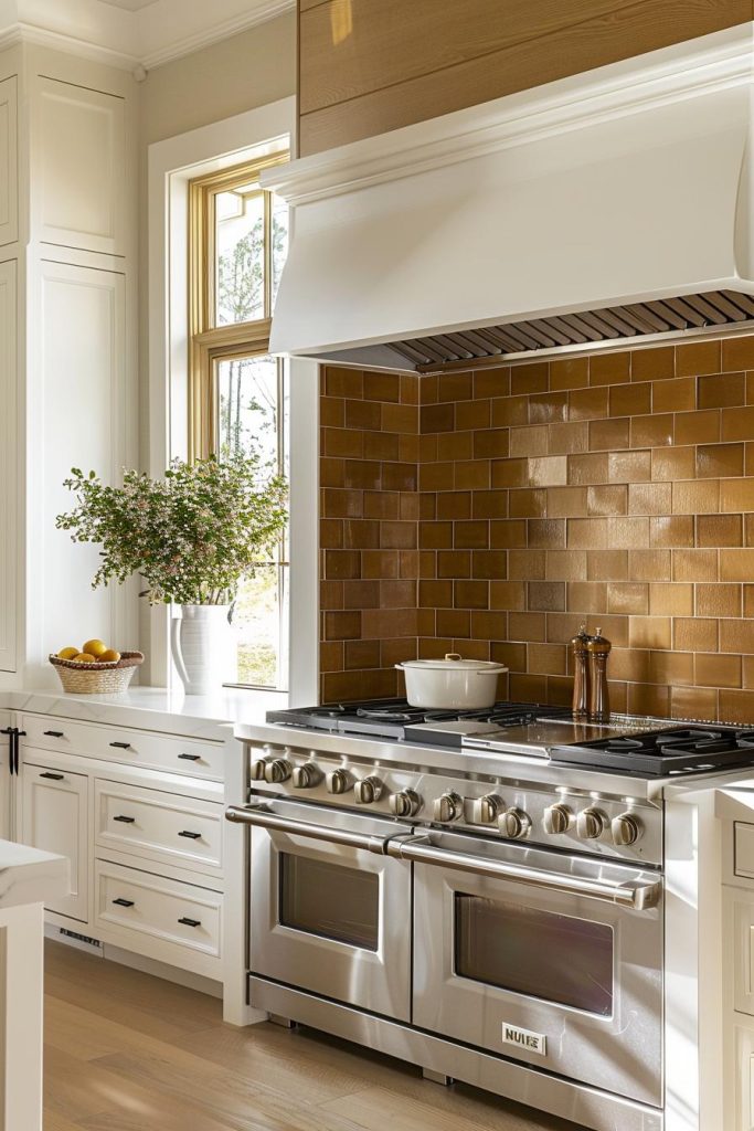 Glazed tiles in a gingerbread brown sweeten the overall design of the kitchen and add a touch of spice to the farmhouse recipe for a restful space.