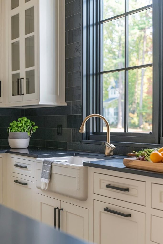 A matte black kitchen backsplash harmonizes with elegant hardware and furnishings, adding a dose of modernity to an otherwise rustic farmhouse interior.