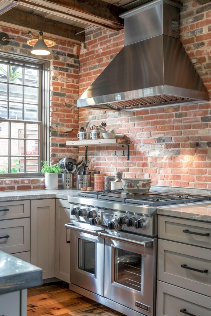 Rich red brickwork forms the foundation for a country-style kitchen splashback that is as timeless as it is robust, offering a balance between durability and classic charm.