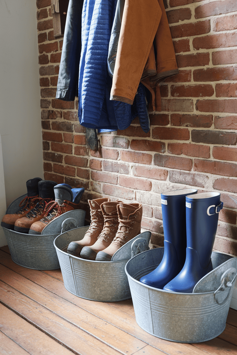 A rustic mudroom with three galvanized buckets storing various types of boots in front of a brick wall.