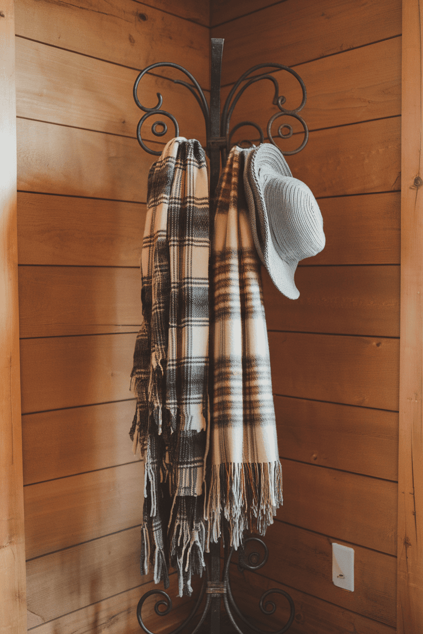 Wrought iron coat rack with checked scarves and blue hat in front of wooden wall.