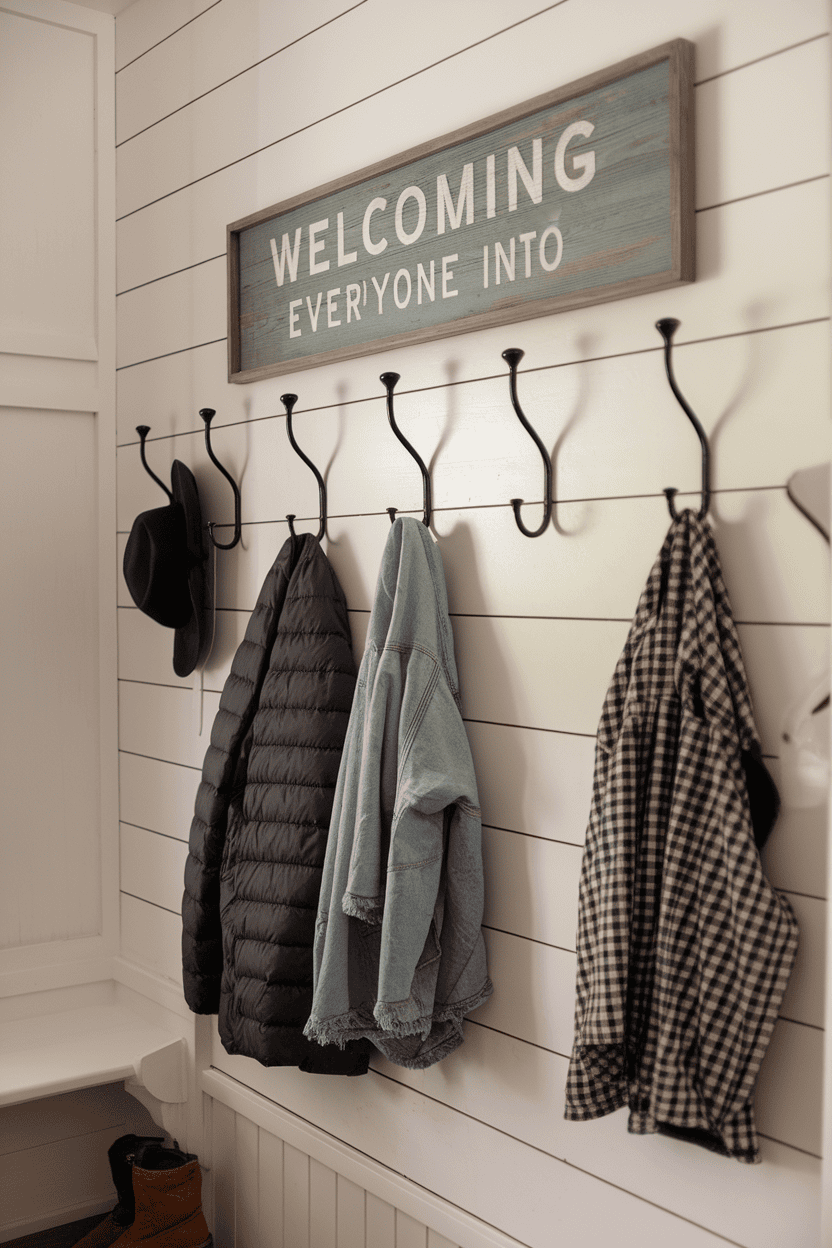 A rustic mudroom with overlapping walls, wall hooks with jackets and hats, and a welcome sign.