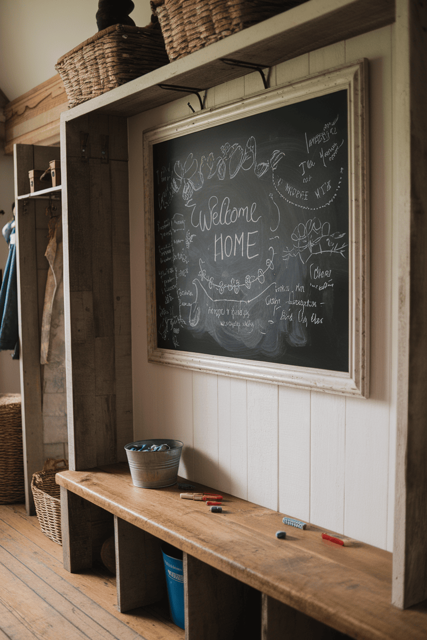 A rustic mudroom with a chalkboard message center with the message 