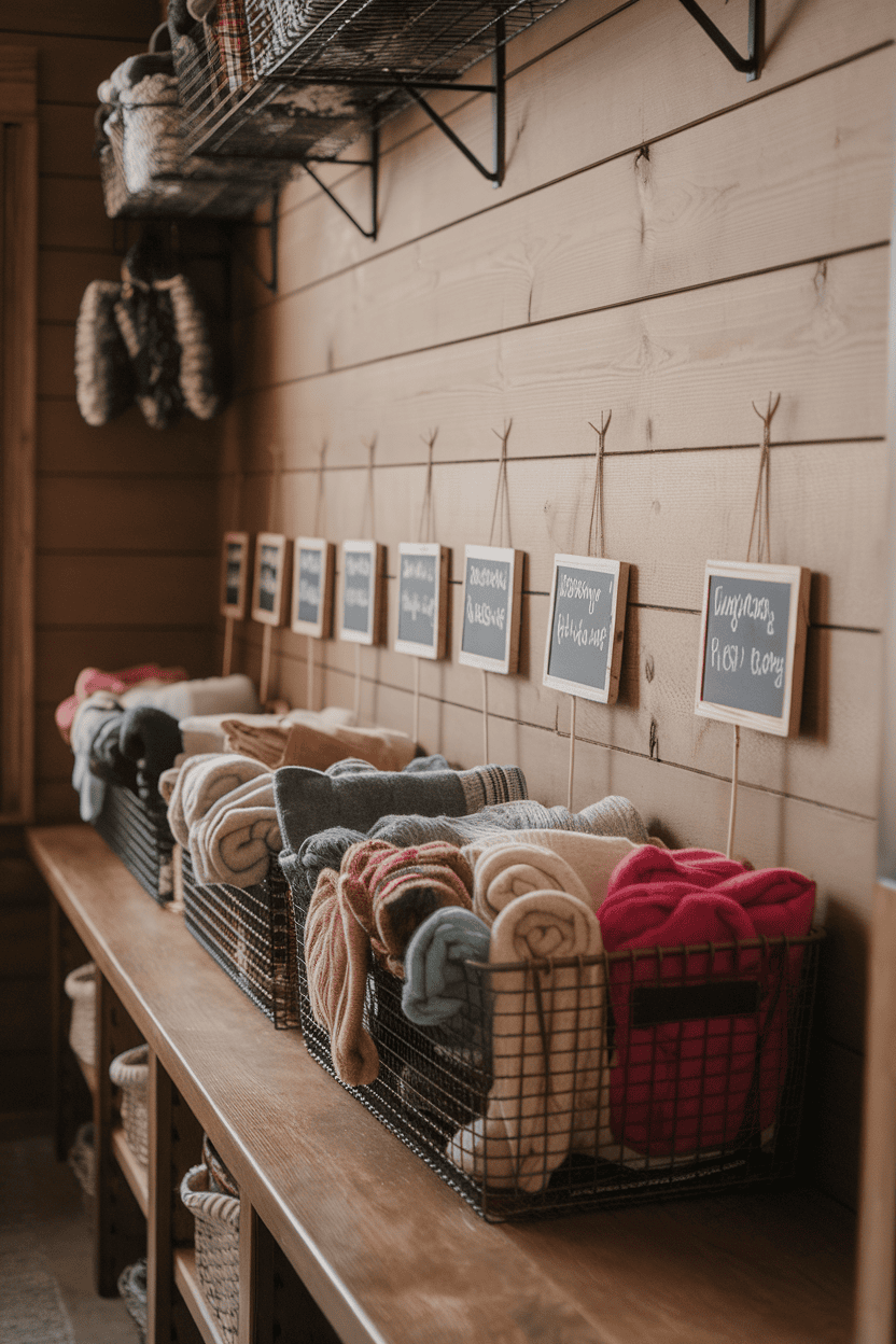 Organized mudroom with wicker wall storage and colorful towels.