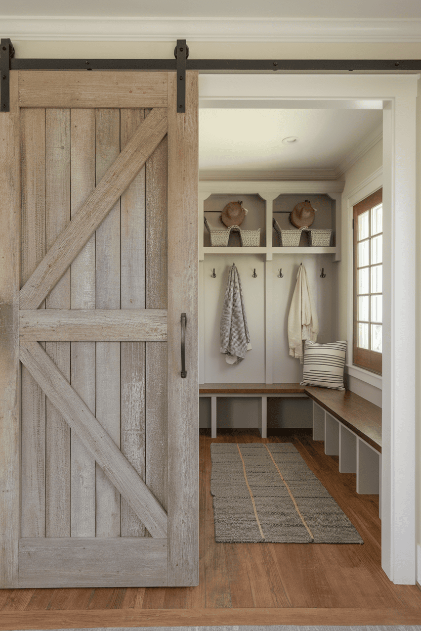 Rustic mudroom with sliding barn door, storage and seating.