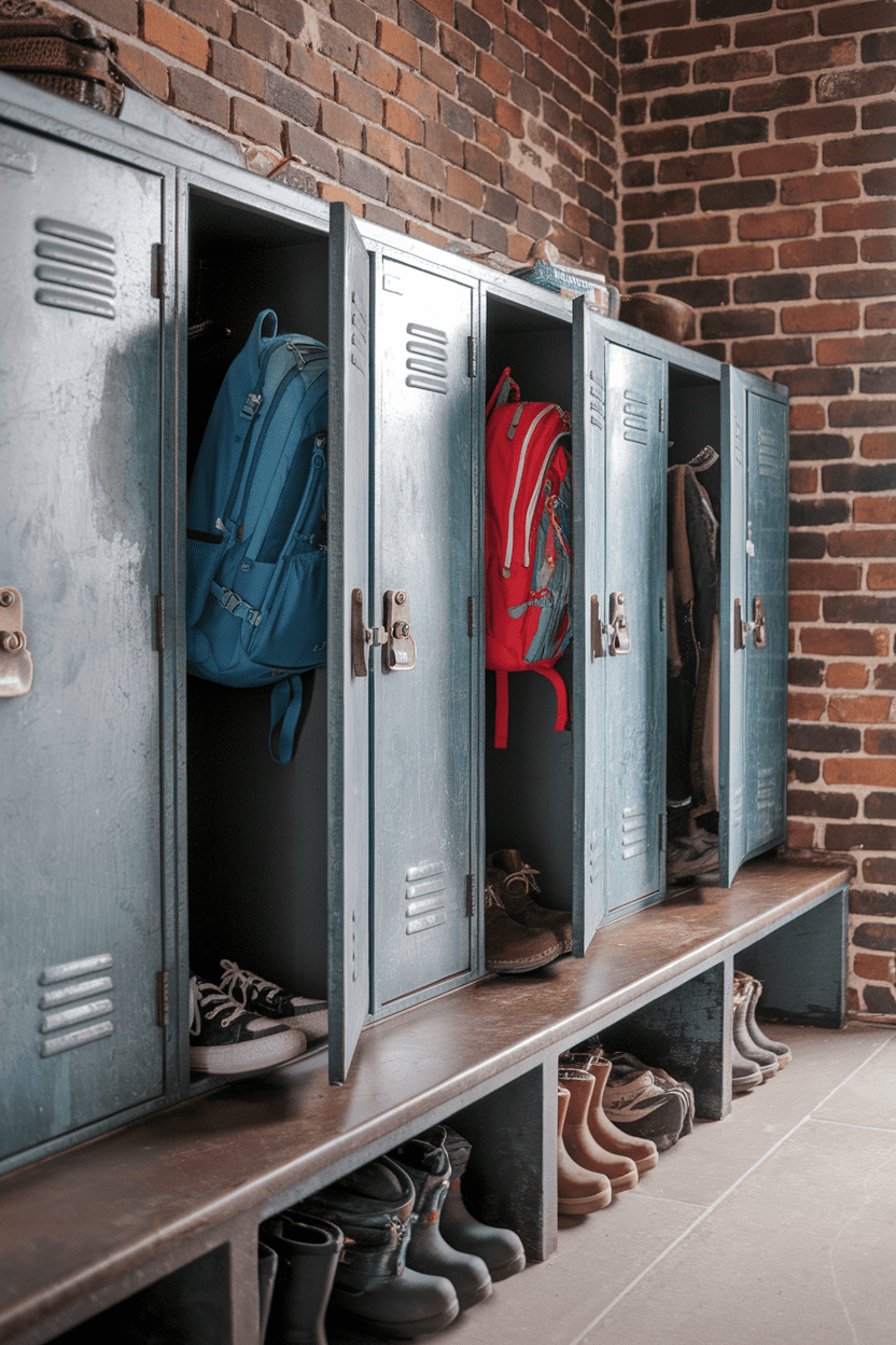 Vintage closets in a mud room with organized backpacks and shoes