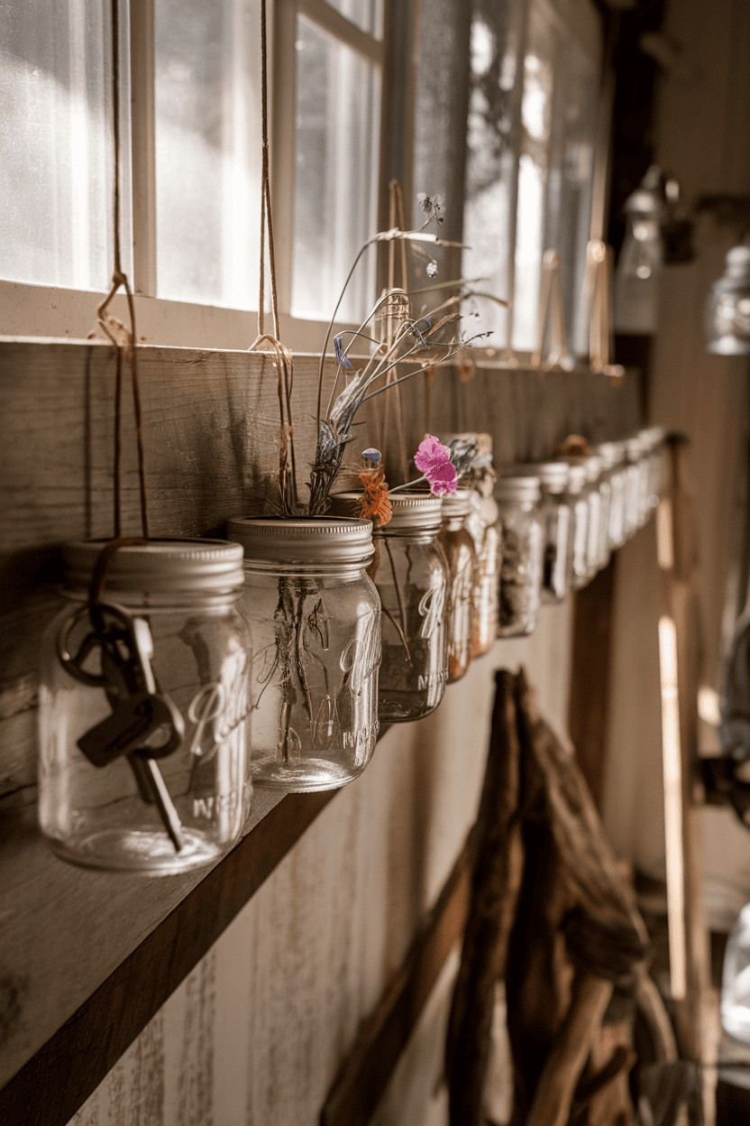 Rustic mason jar organizer filled with flowers hanging on a wooden shelf