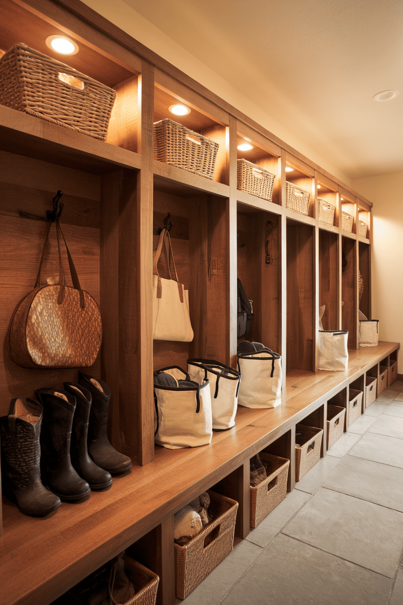 Rustic wooden shelves in a mud room with neatly arranged bags and shoes