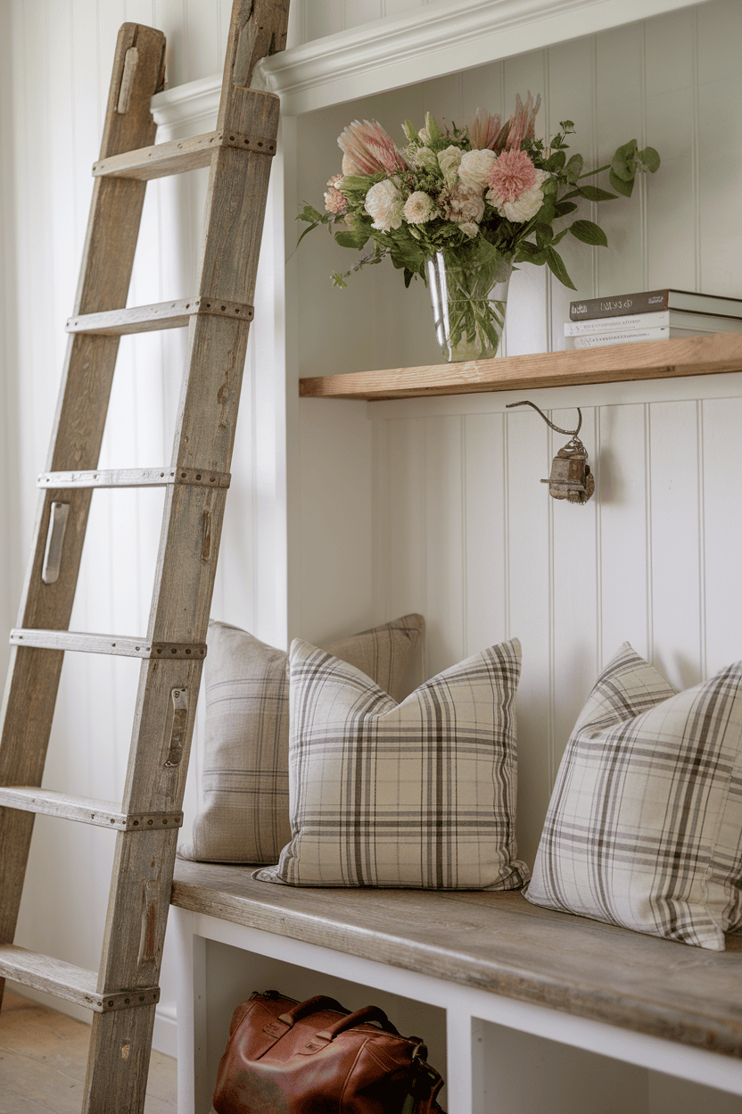 A cozy sitting area in a mudroom with a rustic bench, plaid pillows, a bouquet of flowers and a ladder.