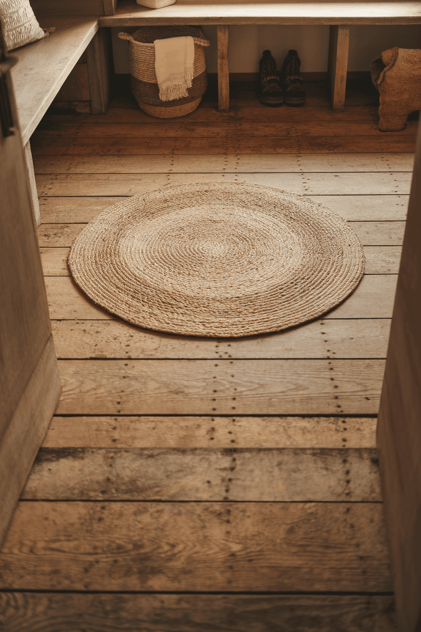 A rustic mudroom with distressed wood floors and a round jute rug.