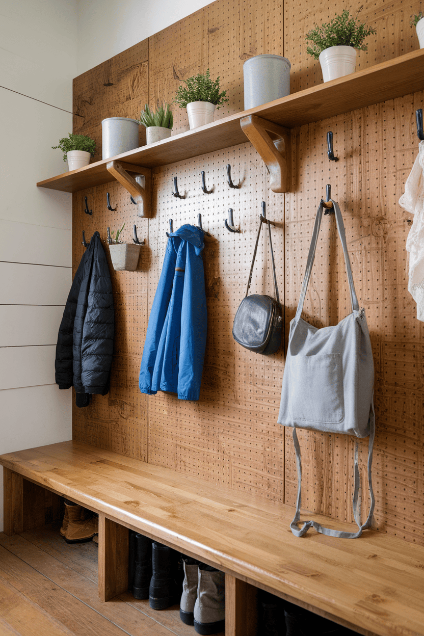 Rustic pegboard wall organizer in a dirt trap with hooks and shelves