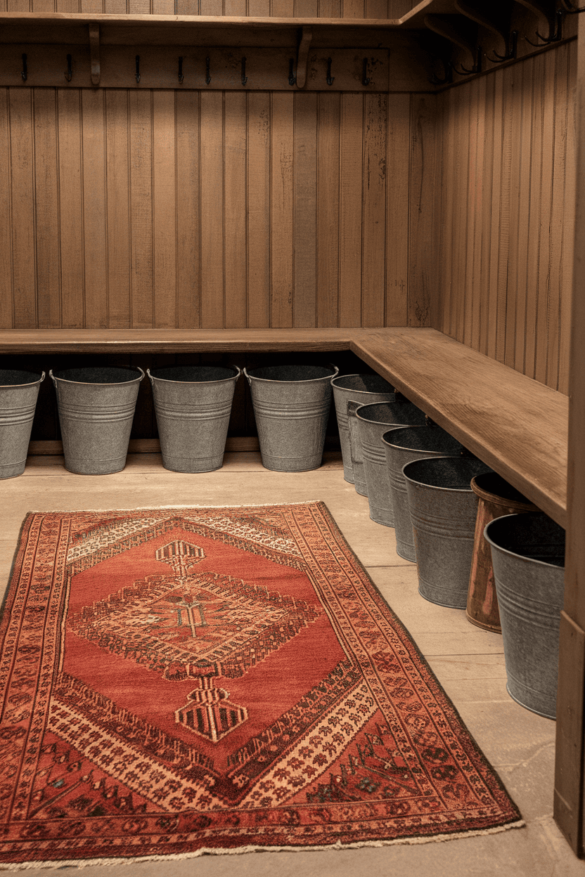 A rustic mudroom with a red vintage rug on a wooden floor, with silver metal buckets and a wooden bench.