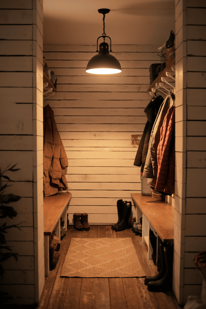 A rustic mudroom with a black pendant light, wooden benches and white overlapping walls.